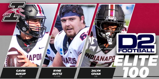 A graphic promoting UIndy QB Gavin Sukup, offensive lineman Ryne Buttz and DB Jalyn Givan to the D2 Football Elite 100 watch list.