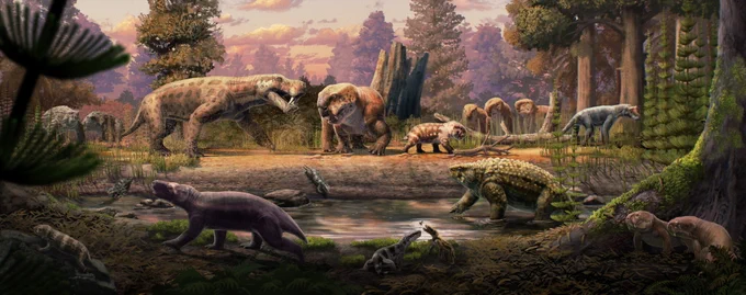 An artistic rendering of prehistoric creatures