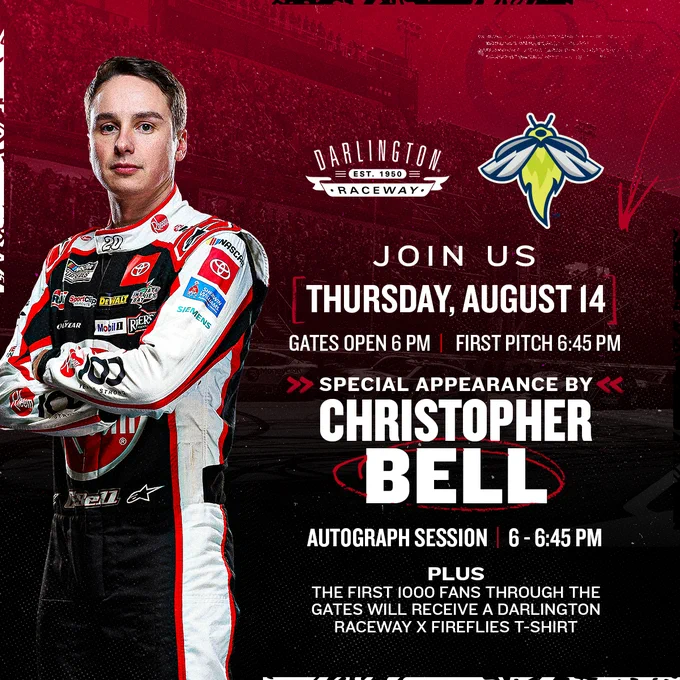 Graphic promoting an appearance by Christopher Bell at a Columbia Fireflies game on August 14.