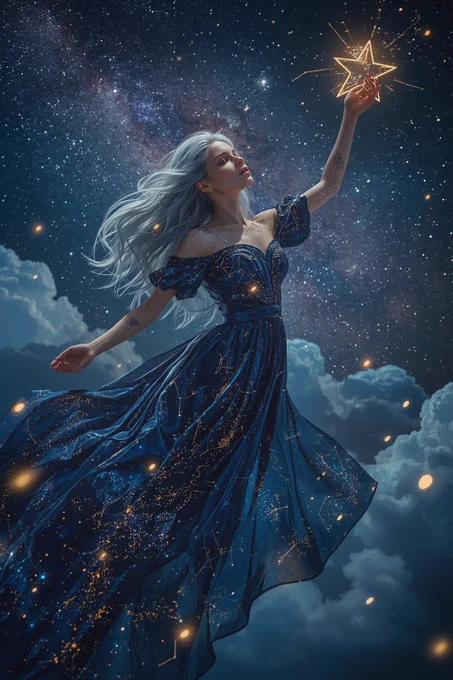 A hyper-realistic cinematic close-up of an ethereal silver-haired celestial seamstress floating in a vast sea of deep sapphire-blue clouds, stitching the night sky with a glowing needle forged from a fallen star, each movement releasing radiant constellations that ripple across the heavens like liquid silk, her flowing gown woven from the Milky Way itself, embroidered with constellations in molten gold and opal dust, every fold shimmering in iridescent gradients, her skin adorned with intricate bioluminescent tattoos that glow in shifting hues of violet, cyan, and emerald, illuminating her face with an otherworldly halo, fireflies swirling around her like golden sequins, the sky bursting with sharp, high-contrast color — galaxies, stardust, and meteor trails refracting in luminous detail, ultra-sharp, hyper-glowing, dazzling, dreamlike, magical