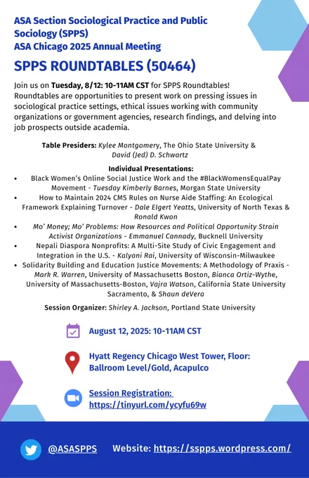 Join us on Tuesday, 8/12: 10-11AM CST for Sociological Practices and Public Sociology (SPPS) Roundtables (50464, viewable in online program)

Register for Zoom details: https://northwestern.zoom.us/meeting/register/GINk-_eqT8a2uxwlyJEMVQ

Website: https://sspps.wordpress.com/meetings/

Roundtables are opportunities to present work on pressing issues in sociological practice settings, ethical issues working with community organizations or government agencies, research findings, and delving into job prospects outside academia.