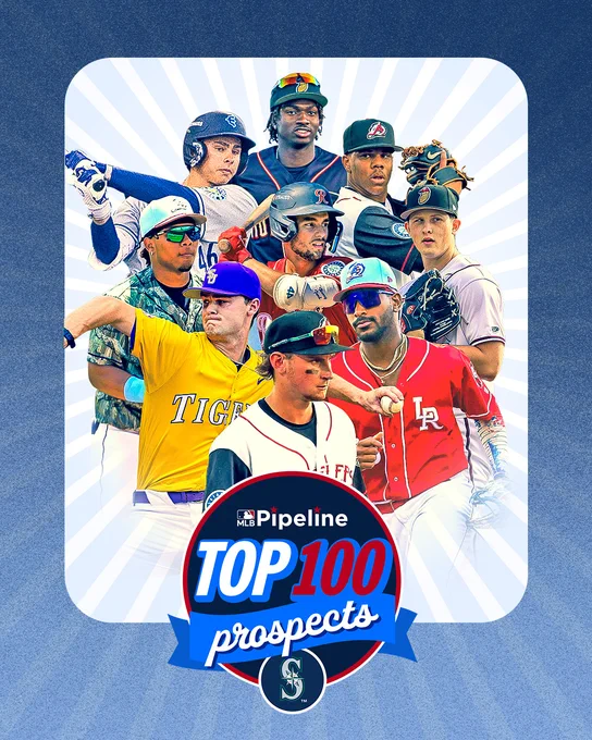 With a blue frame, images of Jonny Farmelo, Felnin Celesten, Jurrangelo Cijntje, Michael Arroyo, Harry Ford, Ryan Sloan, Kade Anderson, Lazaro Montes and Colt Emerson

MLB PIPELINE
TOP 100
PROSPECTS
SEATTLE MARINERS