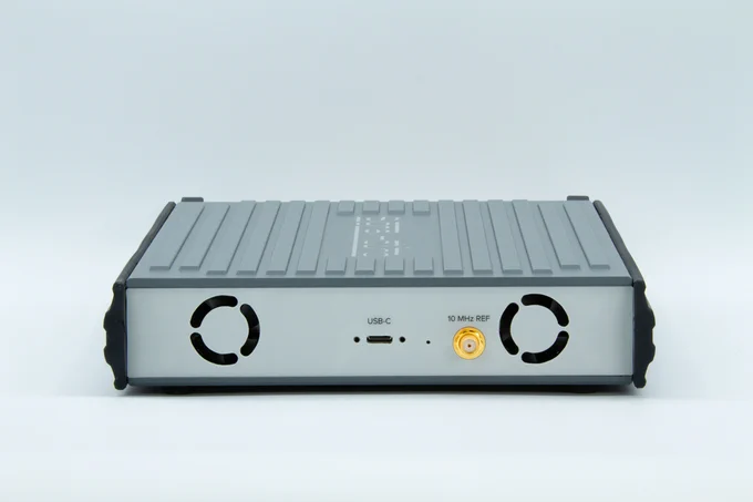 A back view of the Signal Hound VNA400 with two air vents, USB-C port, and 10 MHz REF port.