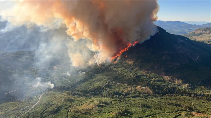 A thick column of smoke rises above aggressive fire behaviour on a treed mountainside