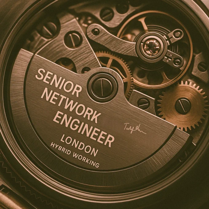Job title graphic for Senior Network Engineer role in London. Features bold text on a luxury mechanical watch face, linking the precision of horology to high-performance network infrastructure. Highlights hybrid working and hands-on cloud networking with AWS, Azure, and automation.