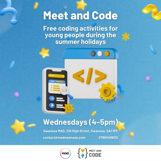 Colourful 3D icons of coding symbols and gears on a blue background promoting free coding activities for young people during summer holidays at Swansea MAD on Wednesdays from 4-5pm. Swansea MAD and Meet and Code logos included.