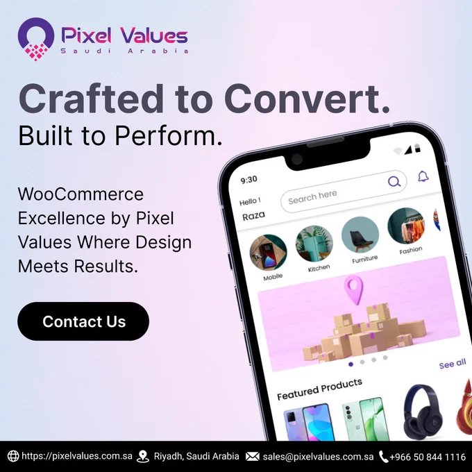 From mobile-responsive design and seamless navigation to secure payments and SEO-optimized pages, we craft online stores that perform as good as they look!

✅ Mobile-Friendly Custom Theme
✅ Effortless Shopping Experience
✅ Secure Payment & Shipping Integrations
✅ Actionable Sales Insights
✅ SEO for Maximum Reach

🎯 Whether you’re starting fresh or scaling big, our WooCommerce experts can turn your vision into a high-converting online store.

📞 Call/WhatsApp: ‪ 966 50 844 1116‬
📧 Email: sales@pixelvalues.com.sa
🌐 Website: https://pixelvalues.com.sa
📍 Location: Riyadh, Saudi Arabia

#WooCommerceDevelopment #PixelValues #EcommerceDesign #OnlineStoreSuccess #WordPressExperts #PVEDIOT #EcommerceWebsite #CustomWooCommerce #SellOnline #SaudiBusiness #DigitalTransformation #WooExperts