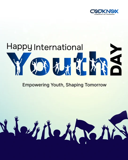 International Youth Day greeting by Codknox with silhouettes of cheering people, flags, and dancing youth figures inside the word ‘Youth’, featuring the tagline ‘Empowering Youth, Shaping Tomorrow’.