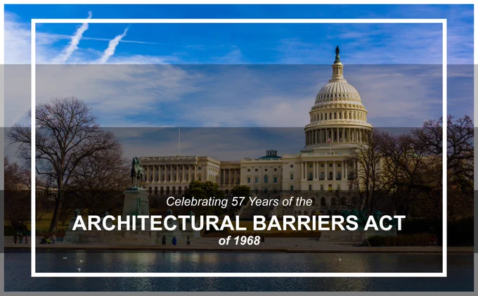 U.S. Capitol Building with a clear to dark gradient over top. Text reads: Celebrating 57 years of the Architectural Barriers Act of 1968.