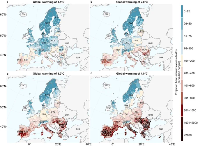 Maps of Europe showing heat-related excess mortality projected annual average heat-related excess deaths per million population at a 1.5 °C, b 2.0 °C, c 3.0 °C, and (d) 4.0 °C.