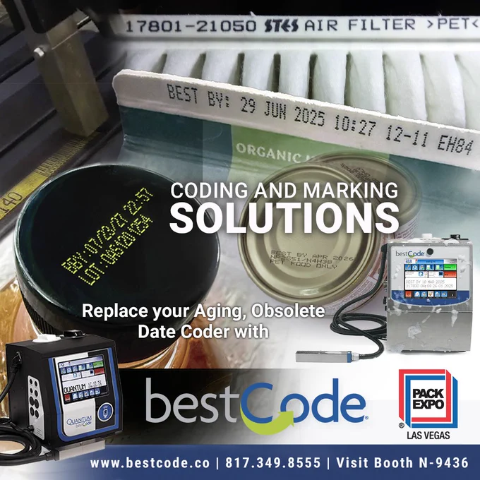 Outdated coding and marking equipment is more than just a maintenance headache — it's a hidden cost to your production line.
 If your current date coder is slowing you down, causing misprints, or eating into your budget, it’s time for a better solution.
At BestCode, we deliver simple, affordable, and reliable coding and marking printing systems that are built to replace aging equipment with ease.
✅ User-friendly design
✅ Dependable performance — runs 24/7 in demanding environments
✅ Lower cost of ownership — efficient ink usage plus anyone can self-support and service
Whether you're printing expiration dates, lot codes, graphics or barcodes, BestCode ensures clean, consistent marks every time.
Don't let outdated printing systems hold you back. Upgrade your line with BestCode — and experience marking and coding done right.
Reach out to learn more or book an in-plant demonstration.
🤳  817.349.8555
🎟️ Be our guest at Pack Expo Las Vegas
https://pelv2025.nvytes.co/invite25/19Q42.html