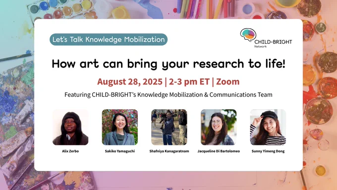 Promotional image for a CHILD-BRIGHT Network event titled "Let’s Talk Knowledge Mobilization: How art can bring your research to life!" happening on August 28, 2025, from 2–3 pm ET on Zoom. Featuring Alix Zerbo, Sakiko Yamaguchi, Shafniya Kanagaratnam, Jacqueline Di Bartolomeo, and Sunny Yimeng Dong. Includes headshots of each speaker in listed order, with a colourful background of paint and art supplies. 