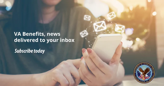 Person holding a smartphone with digital email icons floating above, promoting VA benefits news subscription.
