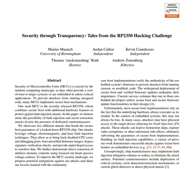 Preview of paper: "Security Through Transparency: Tales from the RP2350 Hacking Challenge". The image shoes the upper half of the first page of hthe paper.