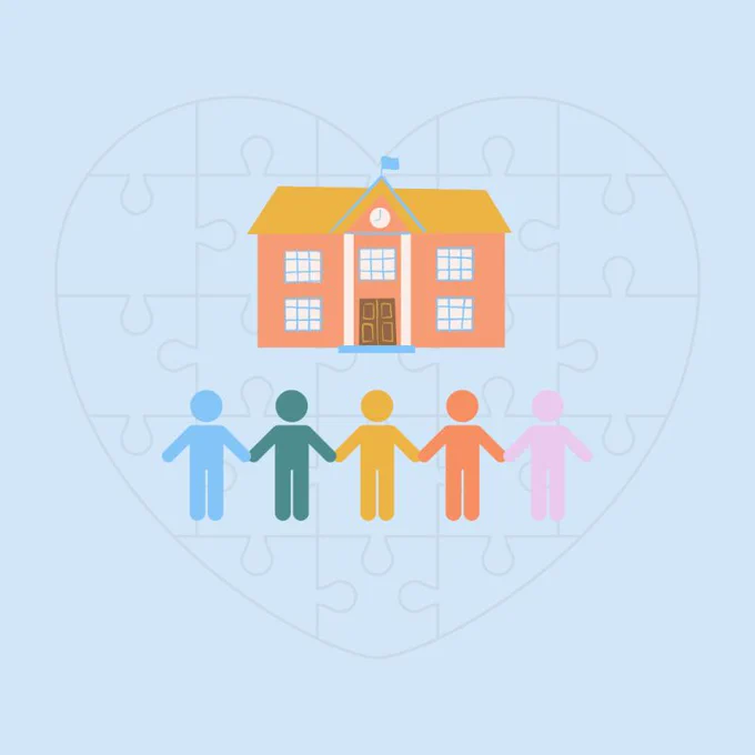 image of stick figure children holding hands in front of a school building