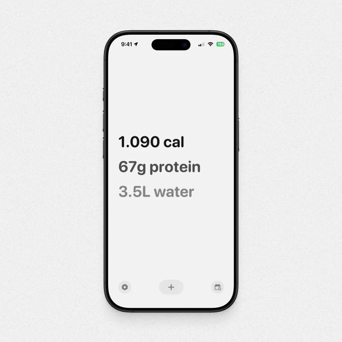 iPhone screen showing a minimal nutrition tracker with 1,090 calories, 67g protein, and 3.5L water logged for the day.