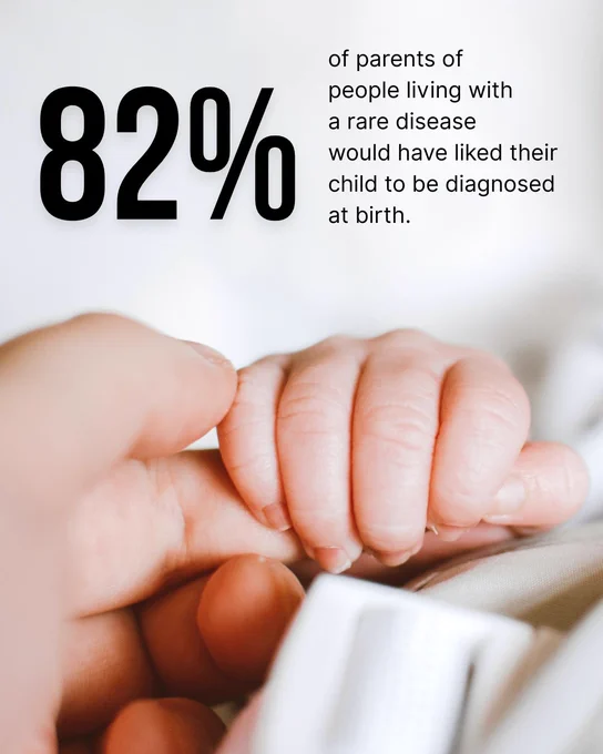 "82% of parents of people living with a rare disease would have liked their child to be diagnosed at birth." Features a photo of a newborn baby holding an adult's finger.