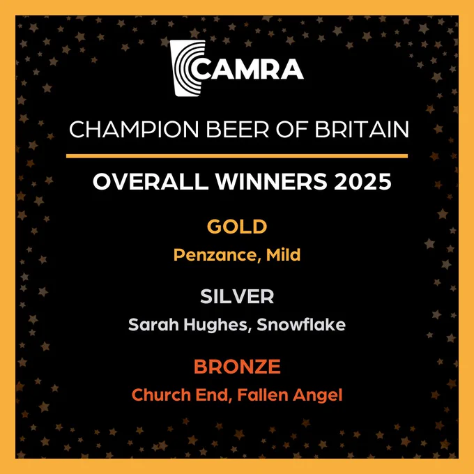 A yellow border with orange stars and a black background. The white CMARA logo is at the top, with white, yellow, grey and orange text underneath listing the Gold, Silver and Bronze winners.