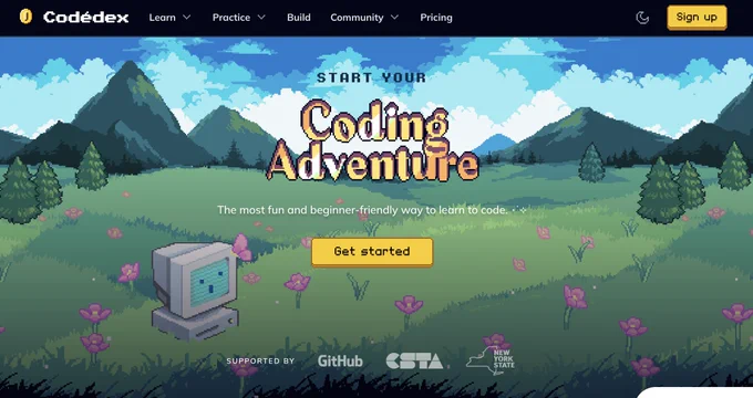 Codédex Home Screen showing a pixel field and little computer mascot character. Text reads "Start Your Coding Adventure"