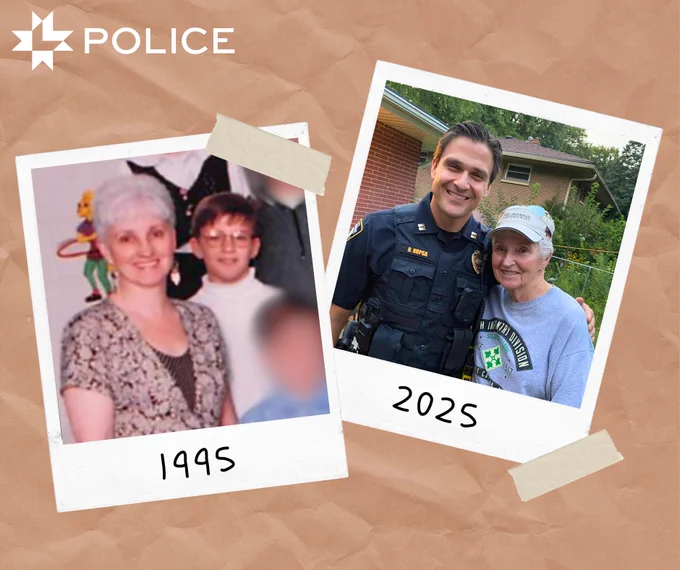 Two Polaroid-style photos taped on a surface. The left photo, labeled 1995, shows two civilians smiling. The right photo, labeled 2025, shows a smiling police officer from Lincoln Police and a civilian together.