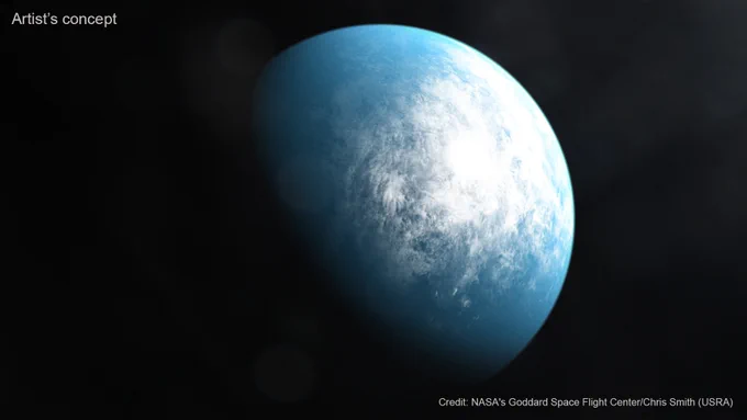 This artist’s concept of exoplanet TOI 700 d depicts a bright blue, ocean-covered world marbled with white clouds. The planet is tidally locked to its star, leaving one side in constant daylight and the other in darkness, fading into the black background. The image is watermarked “Artist’s concept” and “Credit: NASA's Goddard Space Flight Center/Chris Smith (USRA).”