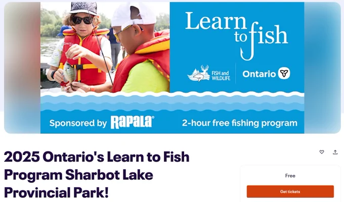 Promotional banner for 2025 Ontario's Learn to Fish Program at Sharbot Lake Provincial Park, featuring two participants fishing, sponsored by Rapala. This is a 2-hour free fishing program hosted by Fish and Wildlife Ontario.