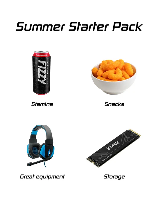 Summer Starter Pack poster featuring four items. Top: a can of FIZZY energy drink and a bowl of orange puff snacks. Bottom: a set of gaming headphones and a Kingston FURY Renegade G5 SSD.