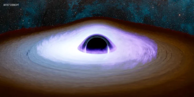 This illustration of material swirling around a black hole highlights a particular feature, called the “corona,” that shines brightly in X-ray light. In this depiction, the corona can be seen as a purple haze floating above the underlying accretion disk, and extending slightly inside of its inner edge. The material within the inner accretion disk is incredibly hot and would glow with a blinding blue-white light, but here has been reduced in brightness to make the corona stand out with better contrast. Its purple color is purely illustrative, standing in for the X-ray glow that would not be obvious in visible light. The warp in the disk is a realistic representation of how the black hole’s immense gravity acts like an optical lens, distorting our view of the flat disk that encircles it.

Credit: NASA/Caltech-IPAC/Robert Hurt 