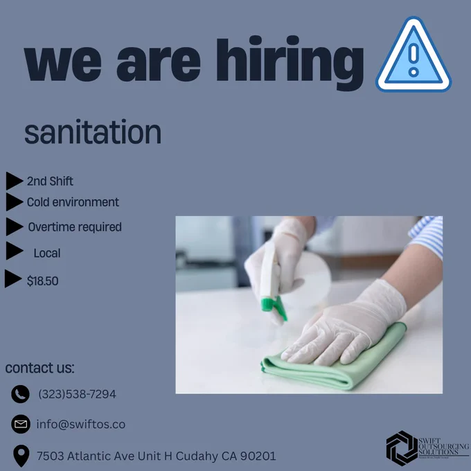 We are hiring for Sanitation, feel free to call if you have any questions!

#applynow #applyforajob #jobagency #swiftoutsourcingsolutions #sos #sanitation #loacal #coldenvironmentjob #overtime #overtimejob #cudahy #southgate
