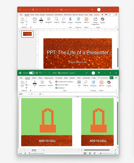 U I of PowerPoint and Excel desktop apps featuring orange glitter