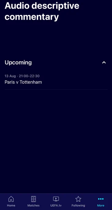 A screenshot from the audio description commentary page in the UEFA Champions League app showing ‘Paris v Tottenham’.