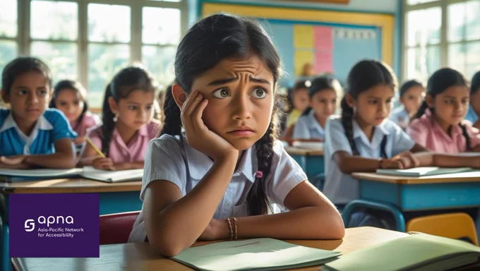 A young schoolgirl in a white uniform sits at her desk in a classroom, resting her face on her hand with a worried and confused expression. Other girls in similar uniforms are seated behind her, focused on writing in their notebooks. Sunlight streams through large windows in the background. A purple logo in the bottom left corner reads “apna – Asia-Pacific Network for Accessibility.”
