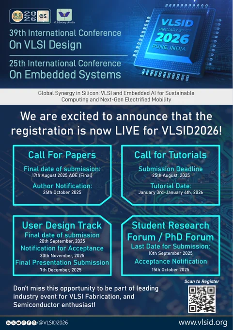 To Know More: https://vlsid.org/
Call for Papers : https://lnkd.in/gVkq3_Wy
Call for Tutorials : https://lnkd.in/dmxps9PS
Call for User Design Track : https://lnkd.in/giynaqyh
Call for Student Research Forum : https://lnkd.in/gxdqXVxA
-----------------------------------------

 💡 Be part of a premier platform to exchange ideas, showcase innovations, and network with academia and industry leaders in VLSI !