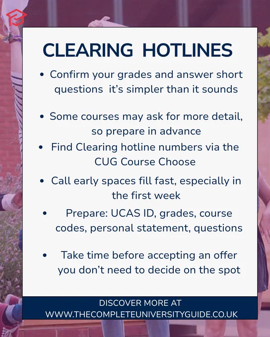 Promotional image for The Complete University Guide, detailing steps for clearing course hotlines including finding courses in advance, preparing necessary information, and taking time to decide. Background features a blurred academic building. Visit their website for more information.
