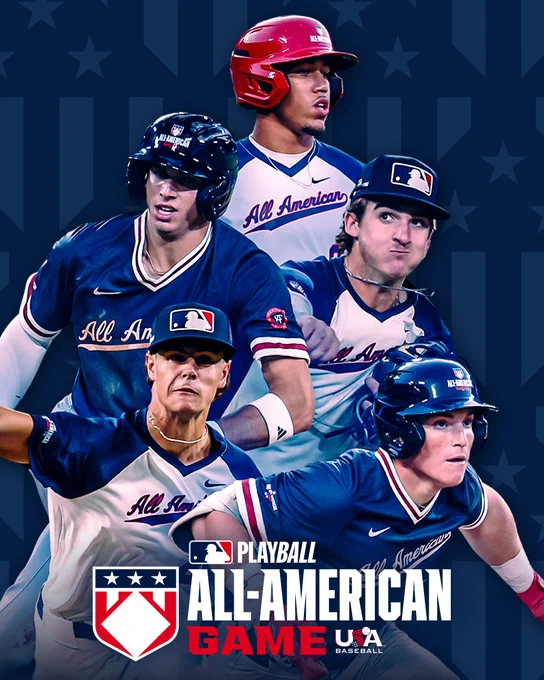 Featured: A collage of Beau Peterson, Jacob Lombard, Rookie Shepard Jr., Kaden Waechter and Dominic Santarelli during game action.
Bottom: "All-American Game" in white and red text, surrounding by the Play Ball and USA Baseball logos.