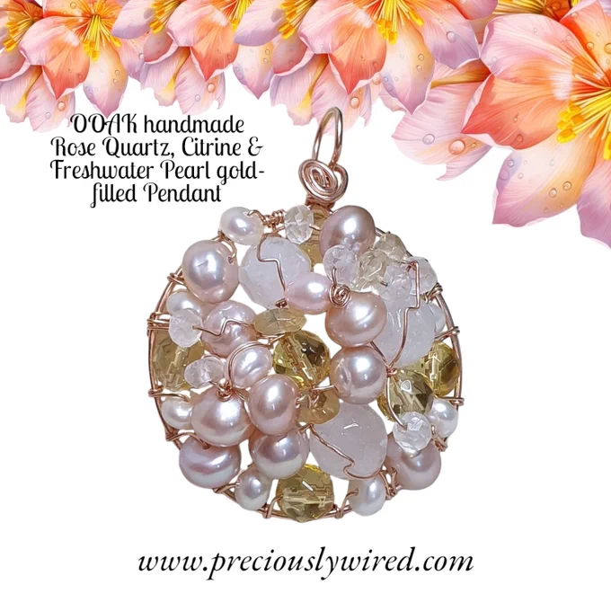 Beautiful, OOAK, handmade Citrine, Rose Quartz and blush-pink Freshwater Pearl rose gold-filled pendant. Available www.preciouslywired.com.

https://www.preciouslywired.com/product/rose-quartz-citrine-blush-pink-pearl-14kt-rose-gold-filled-wire-wrapped-round-ooak-pendant
