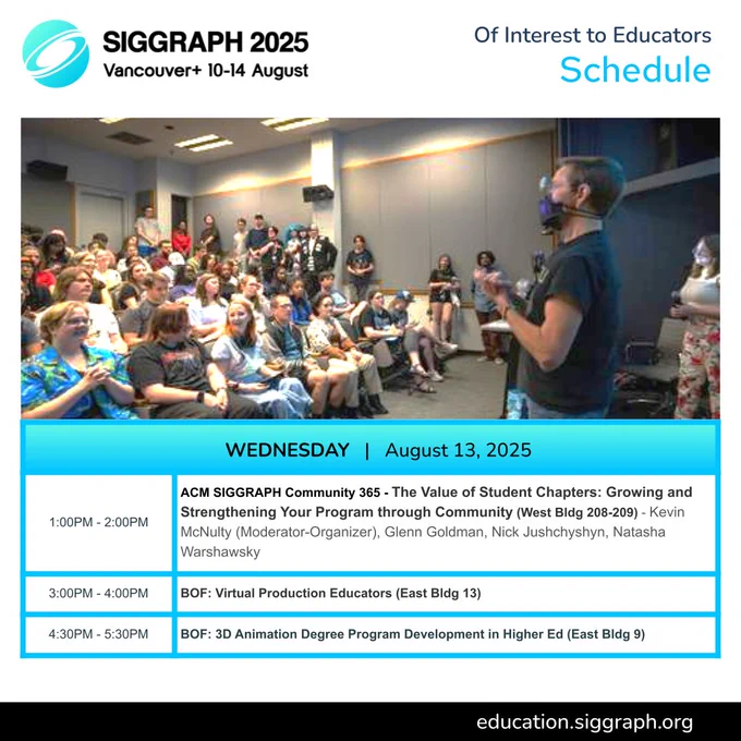Graphic with a masked person addressing a large crowd. Text includes the 'of interest to educators schedule' for Wednesday August 13, 2025 is included and available in more detail using the link in this post.