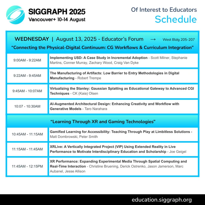 Graphic featuring a table with text; the 'of interest to educators schedule' for Wednesday August 13, 2025 more detail available using the link in this post.