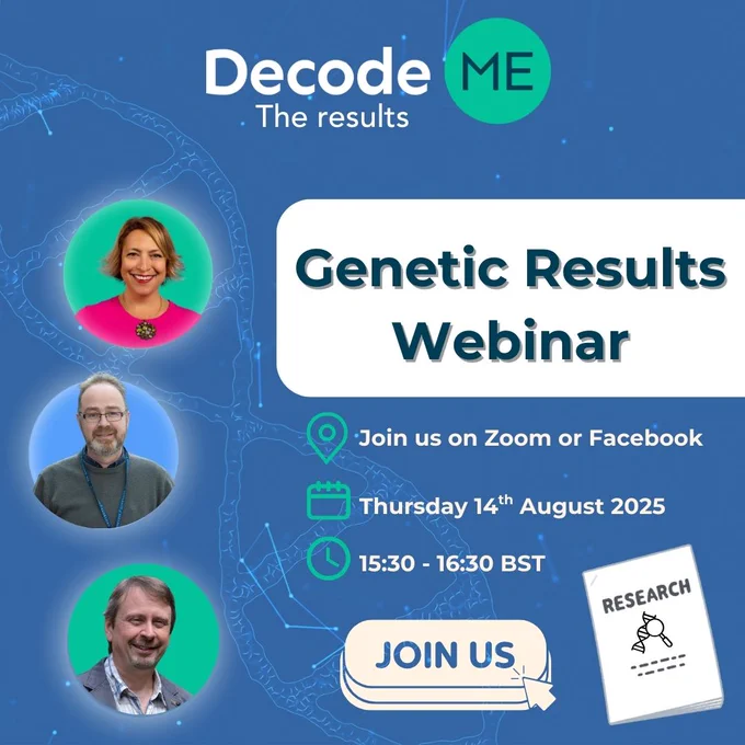 Genetic results webinar. Join us on Zoom or Facebook, Thursday 14th August 2025, 15:30-16:30 BST. Photos of the DecodeME management team. 
