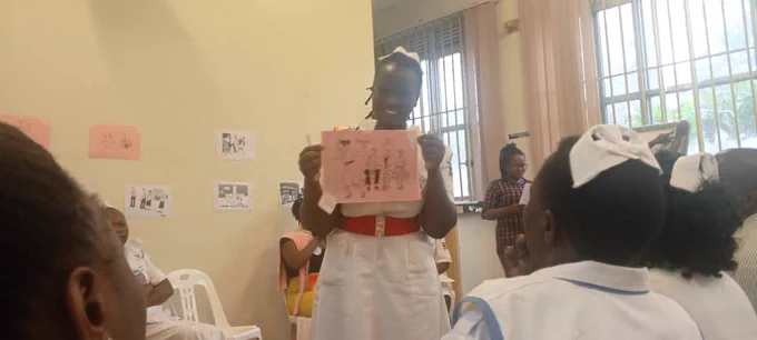 Group 1 presentation on stigma. A scenerio at a TB clinic where a health worker by passes clients in a haste closing her nose and mouth because of different reasons. 
The question of discussion were what and why, and should be done
