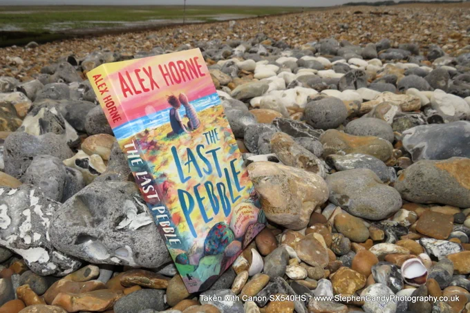 Alex Horne's book "The Last Pebble" on the beach.