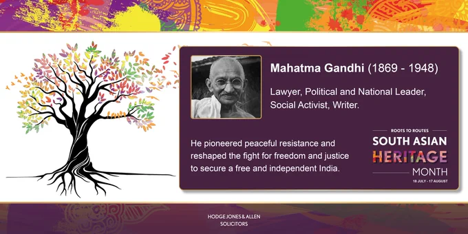 Colorful tree with diverse leaves symbolizes growth beside a tribute to Mahatma Gandhi highlighting his role in India's peaceful independence movement.