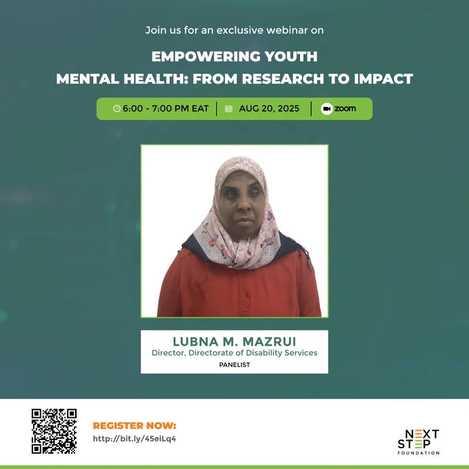 Dr. Lubna Mazrui will join our upcoming webinar on "Empowering Youth Mental Health: From Research to Impact."