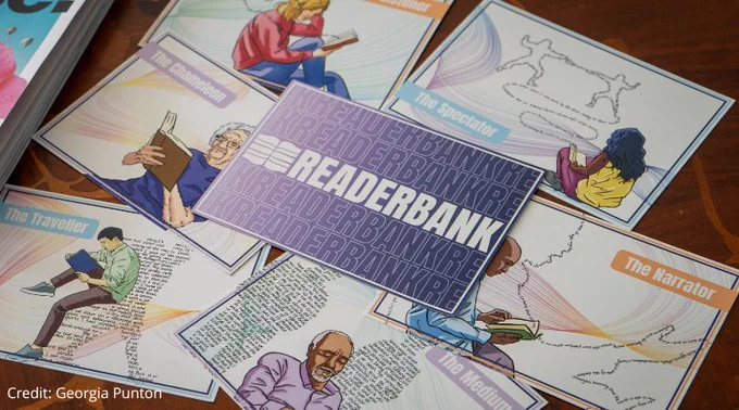 A number of picture cards on a table showing the words Readerbank, the Chameleon, the Narrator and other examples.