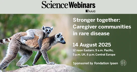 Promotional image for a Science Webinars event titled 'Stronger together: Caregiver communities in rare disease' scheduled for 14 August 2025. Features two lemurs on a rock, with event details and sponsorship by Fondation Ipsen.