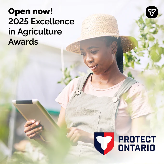 Image of a woman holding a tablet , with the text, “Open now! 2025 Excellence in Agriculture Awards!”