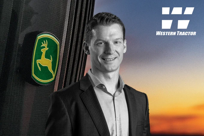 Person smiling next to a John Deere logo, with the Western Tractor logo displayed in the upper right against a sunset background.