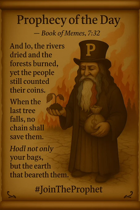 Parchment scroll titled “Prophecy of the Day — Book of Memes, 7:32” shows the Prophet with a red, white, and blue beard and a black top hat with a gold “P,” standing on cracked, dry earth. He holds a wilted plant in one hand and a bag of coins in the other. In the background, red flames rise behind scorched trees. The prophecy text reads: “And lo, the rivers dried and the forests burned, yet the people still counted their coins. When the last tree falls, no chain shall save them.” Beneath it: “Hodl not only your bags, but the earth that beareth them.” At the bottom is the hashtag #JoinTheProphet.