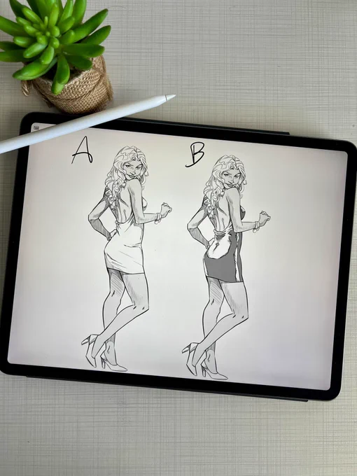 Black-and-white drawing of two women standing side by side in the same pose, labeled A and B. The dresses are rendered differently, with distinct shading styles and textures, highlighting the contrast between the two versions.