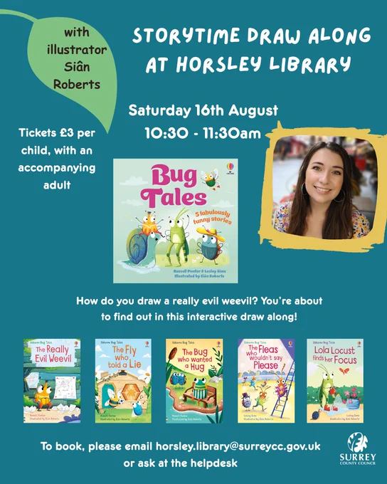 Poster advertising storytime draw along with illustrator Siân Roberts.